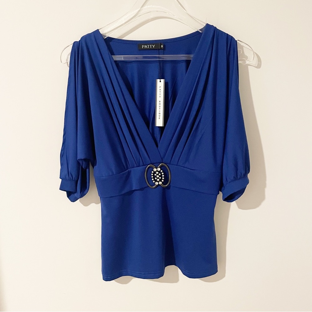 Silky Blue Blouse Puff Sleeve with Slits Size Medium